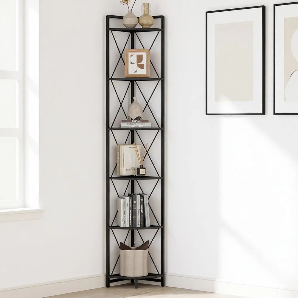 Black metal small shelf placed in compact corner