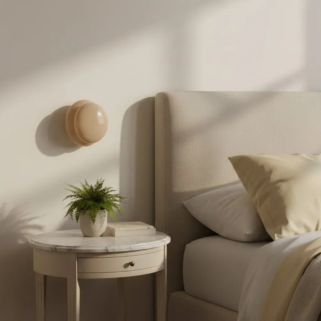 Blush glass wall sconce beside an upholstered bed and marble side table