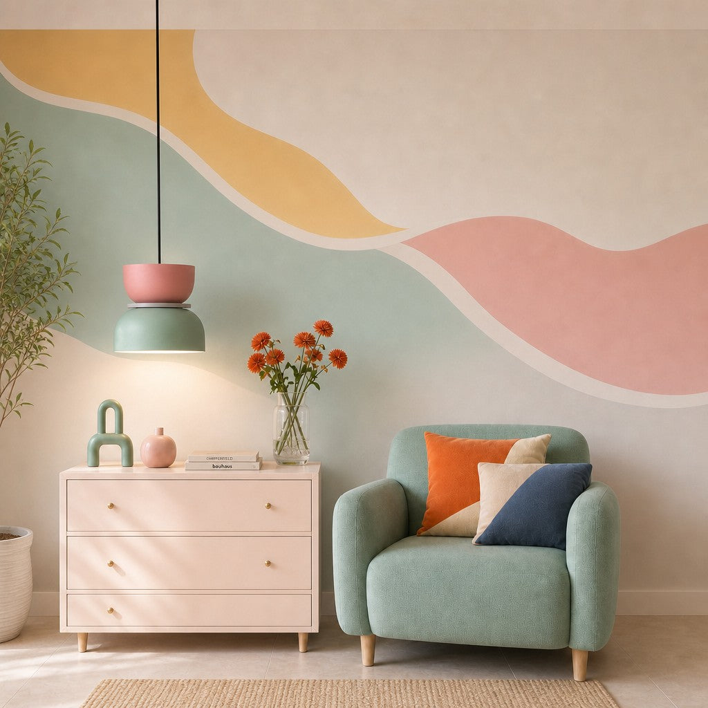Pink and light green pendant above a living room with sage armchair and mural