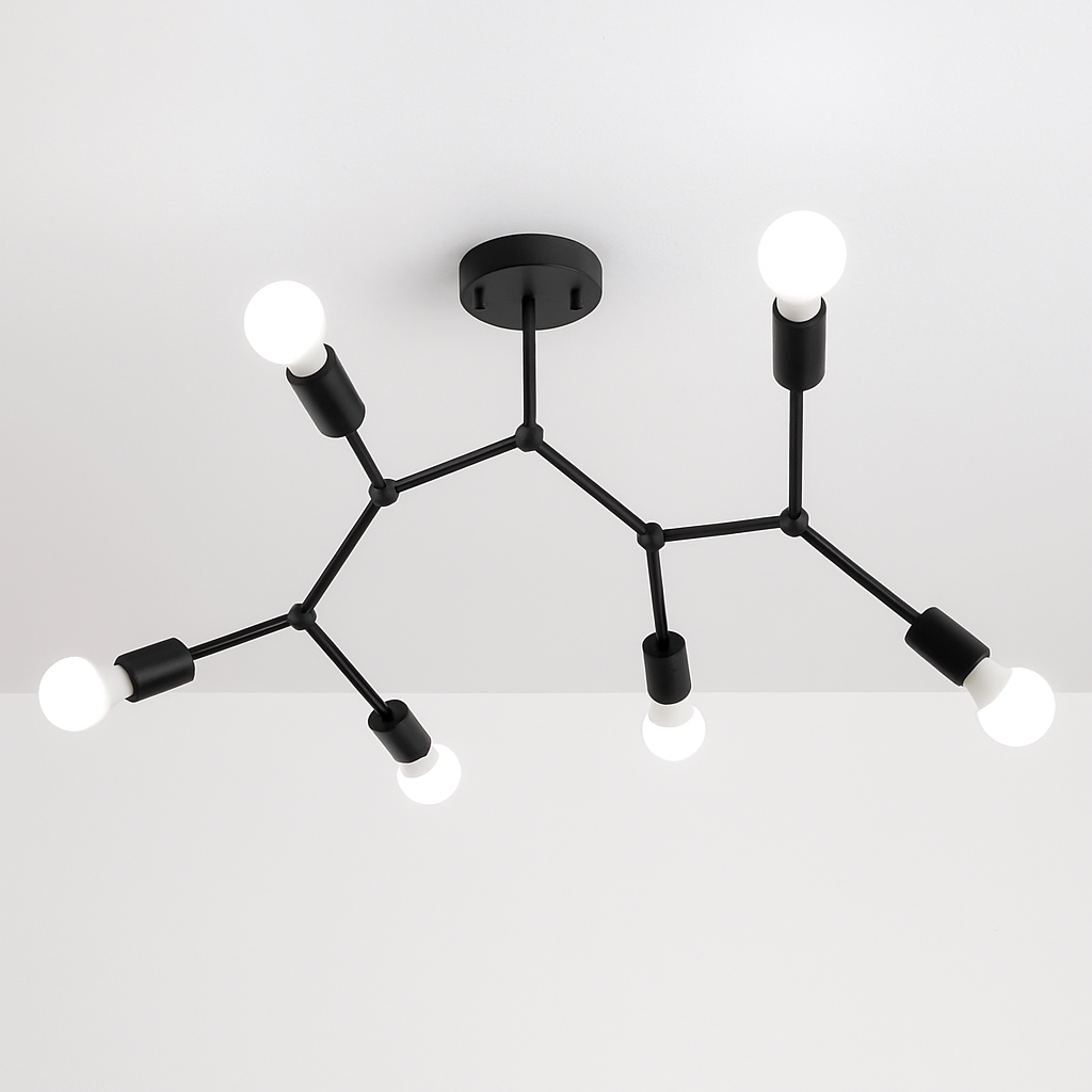Black six light branch fixture spread across a white ceiling