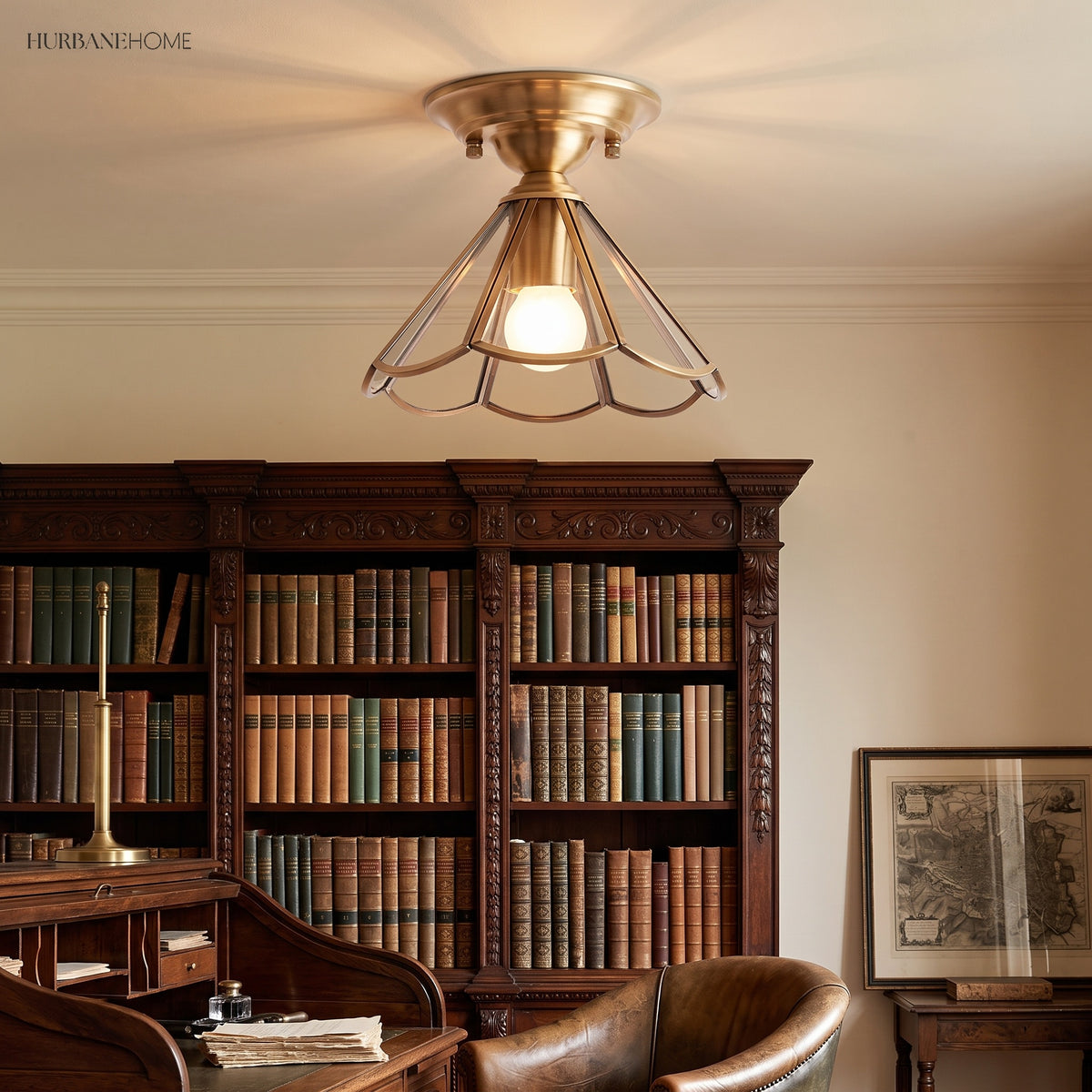 Flared glass panel ceiling light lit above a library reading chair