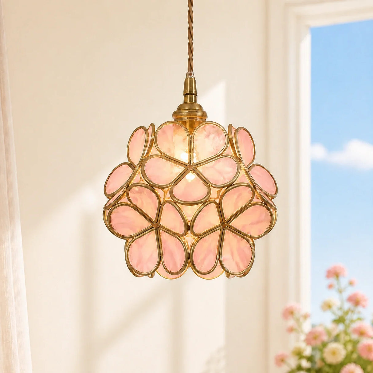 Angled studio shot of the brass and glass flower petal pendant light