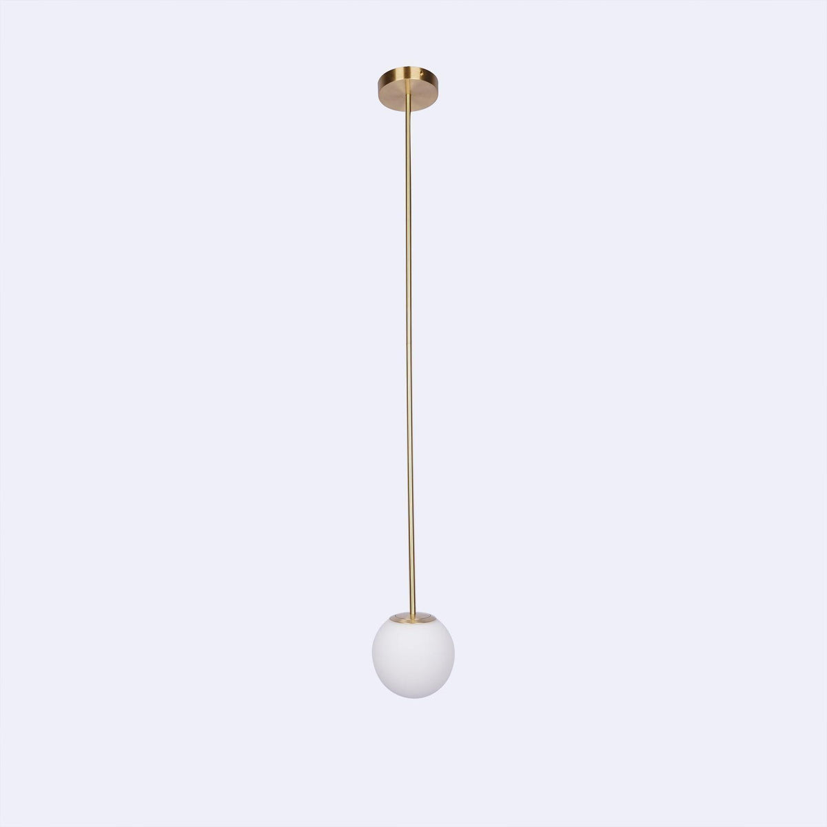 Opal glass globe pendant on a rigid brass stem, gold finish, view 7