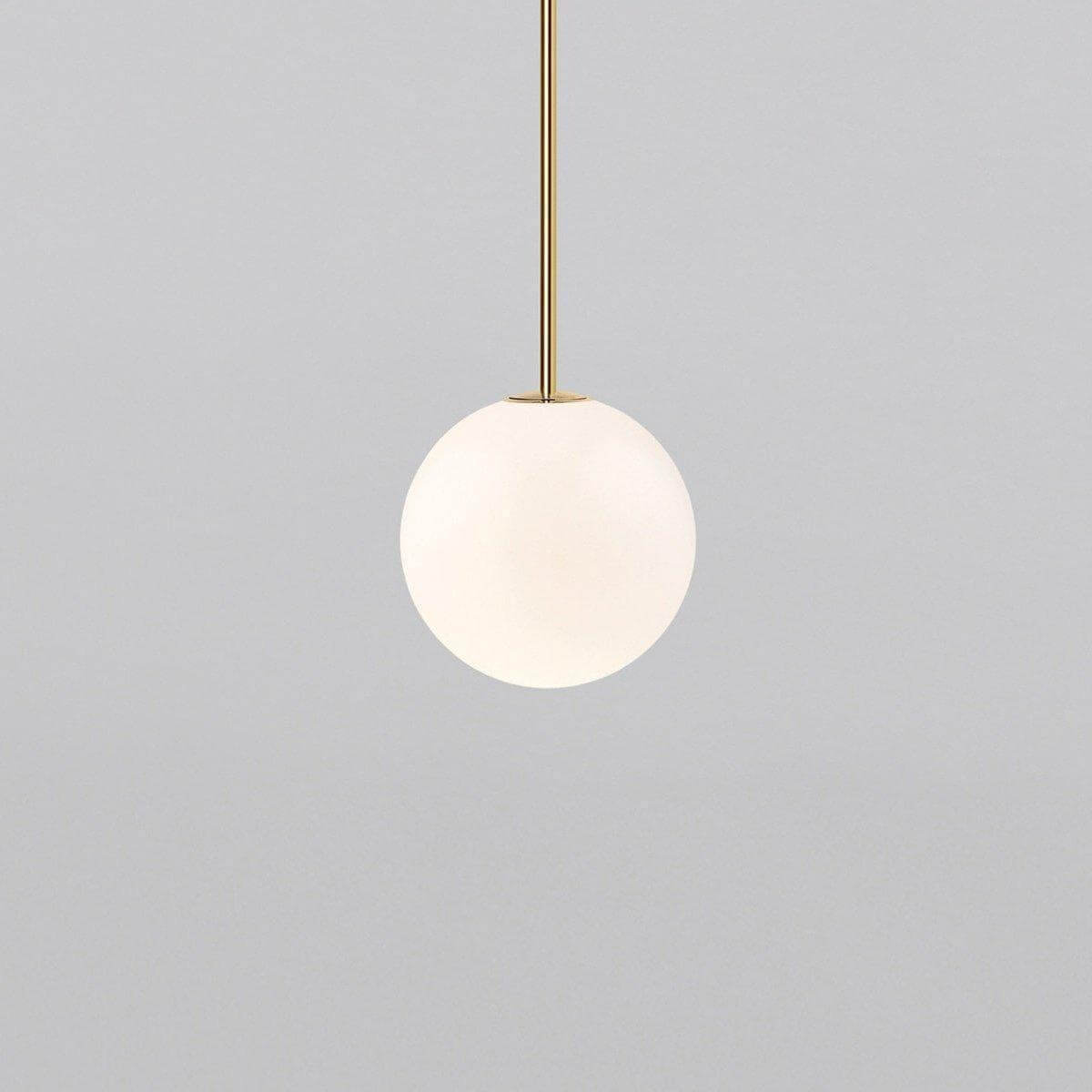 Opal glass globe pendant on a rigid brass stem, gold finish, view 19