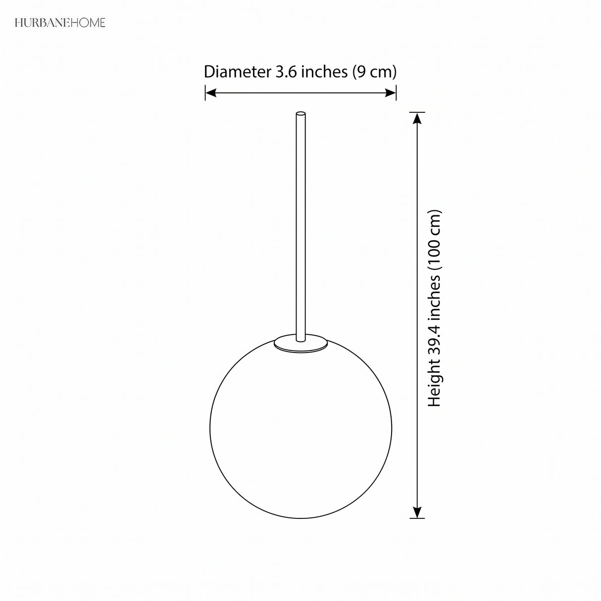 Line drawing of globe pendant, 39.4 inch drop by 3.6 inch diameter