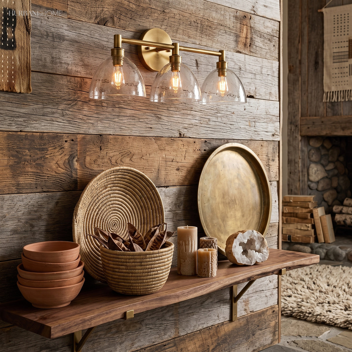 Brass sconce with textured glass dome lit beside a fireplace