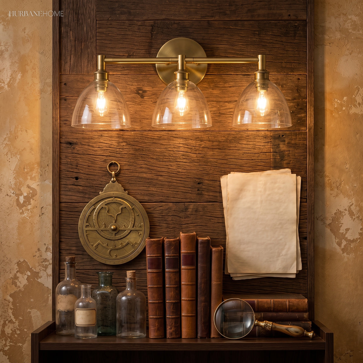 Brass sconce with seeded glass dome mounted on a pale wall