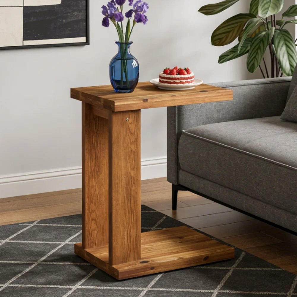 C Shaped Side Table - Solid Wood Rustic Sofa End Table - Rustic End Table - Hurbane Home