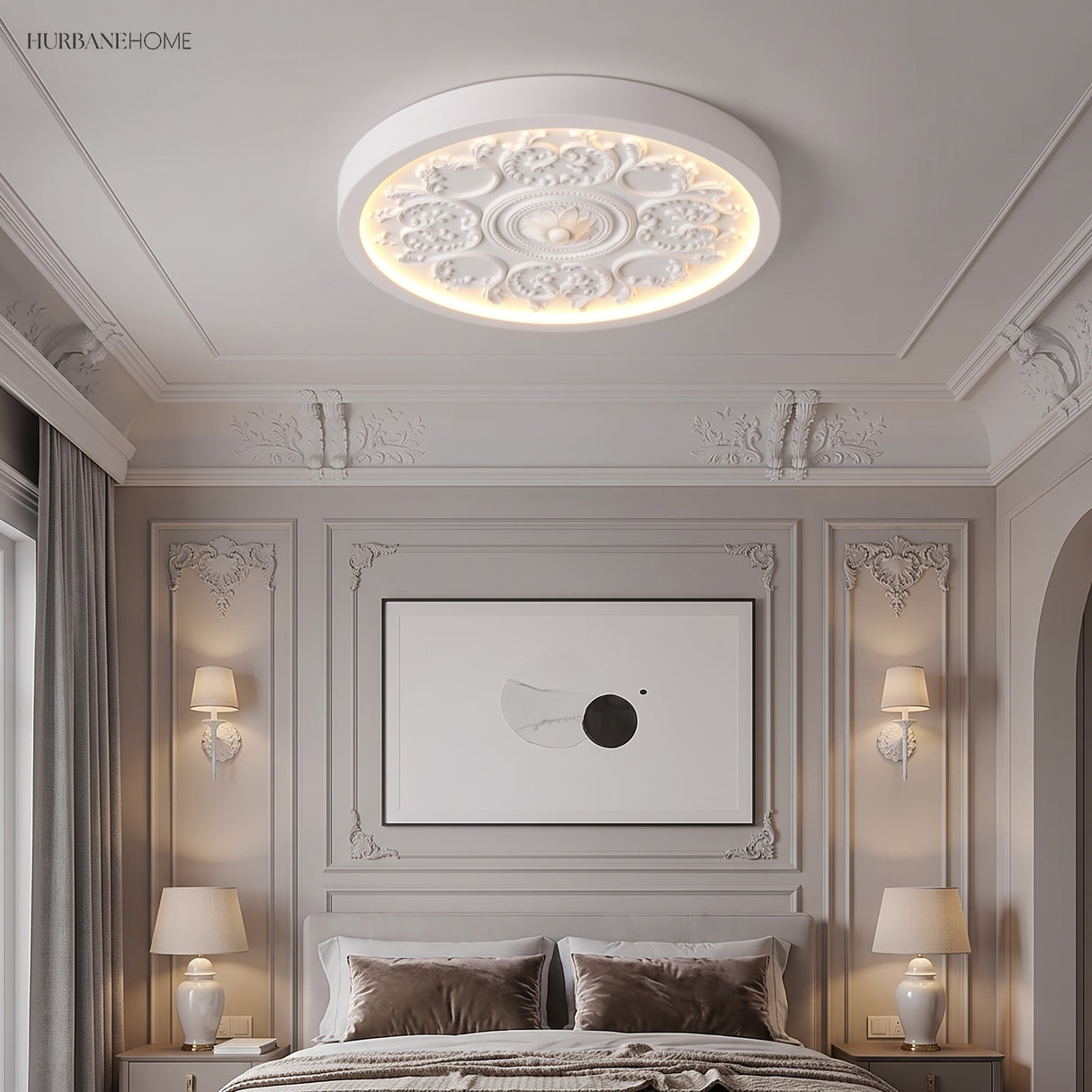Carved relief LED flush mount ceiling light in a styled interior