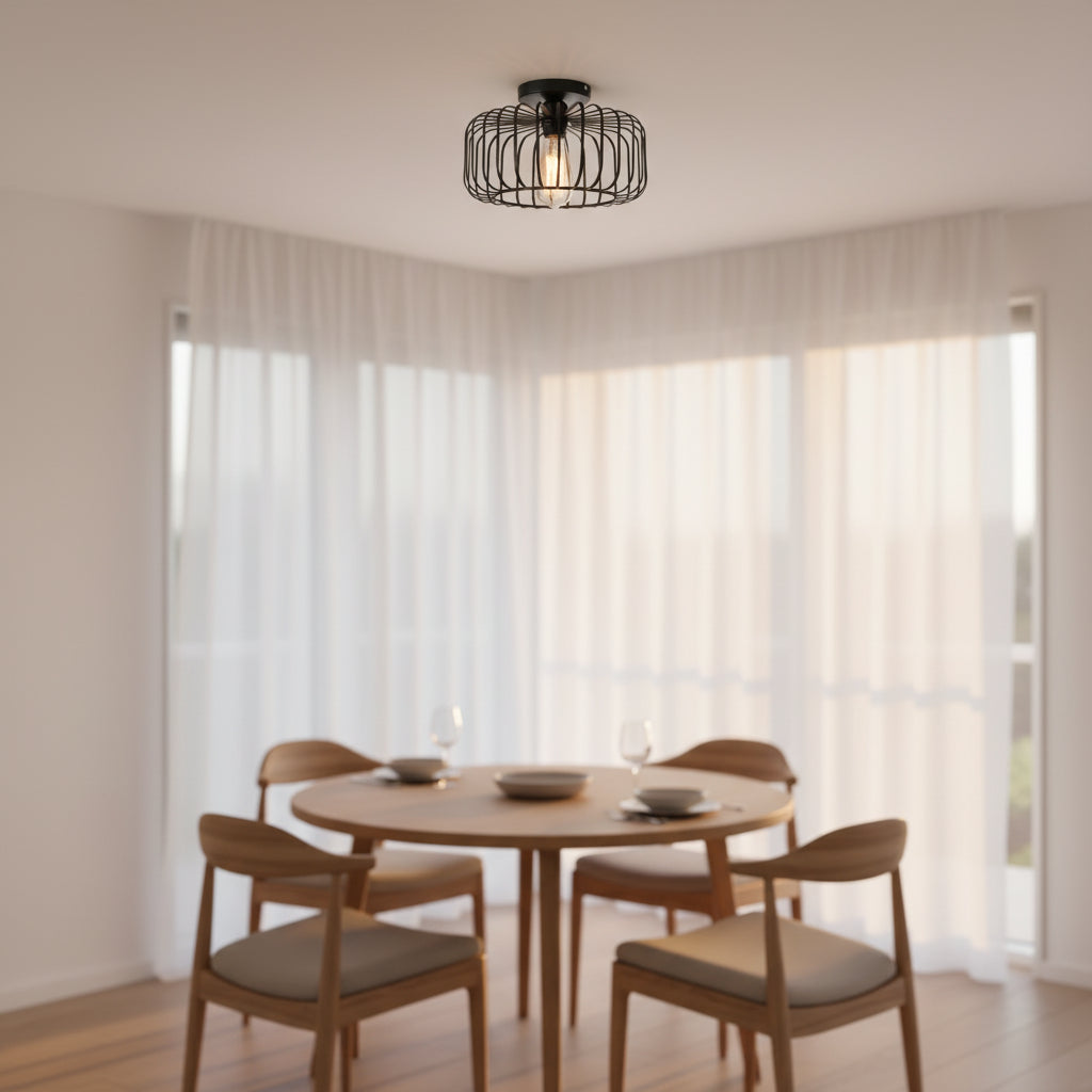 Close-up of ceiling light mount birdcage frame