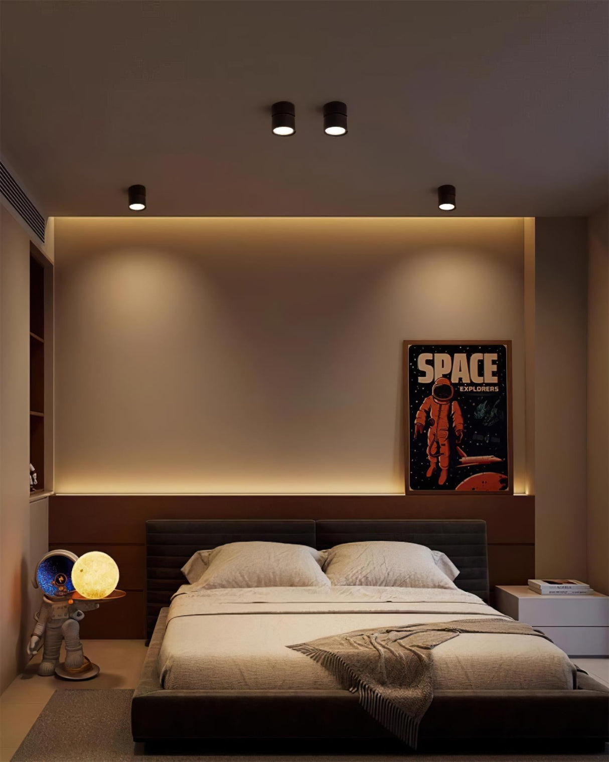 Ceiling spot lights over a bedroom with a warm lit alcove behind the headboard