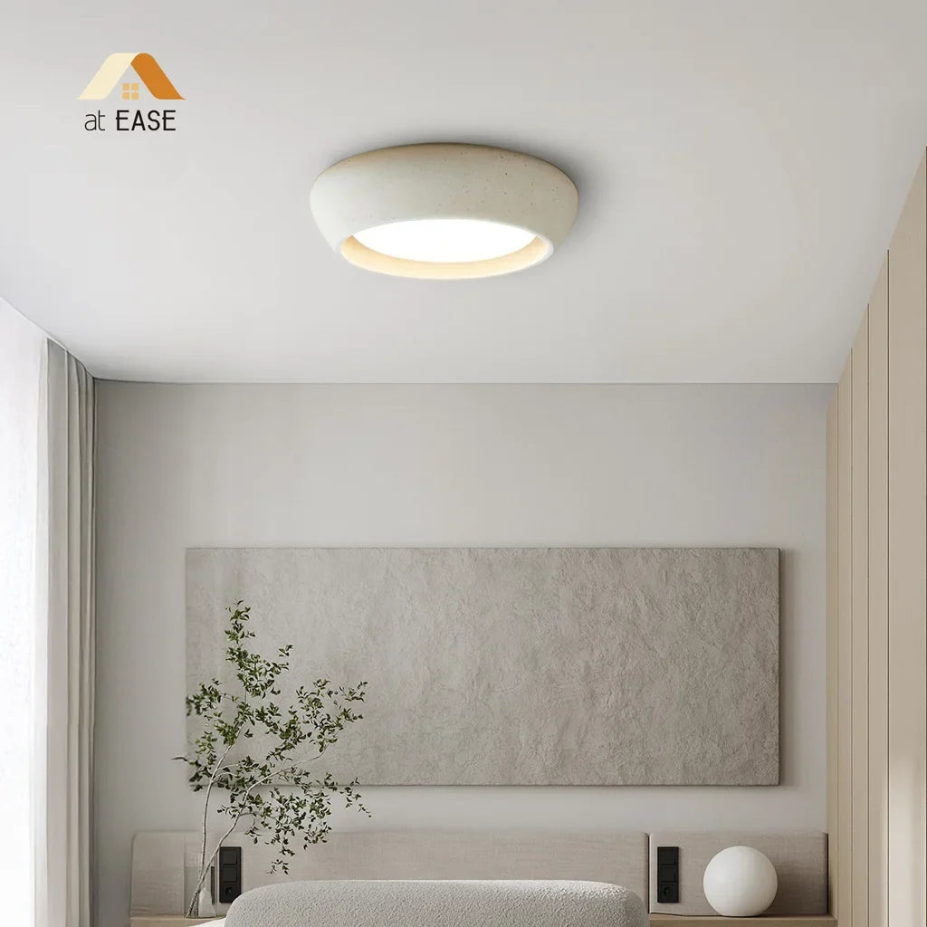 Low angle view of the domed flush mount light with warm downward illumination