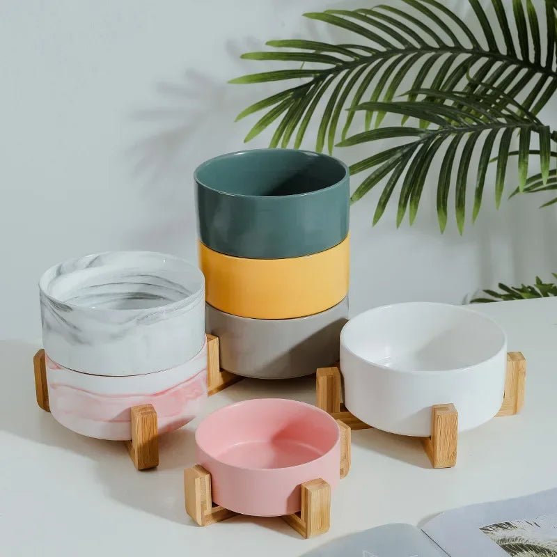 Ceramic Pet Bowl - Double Bowl Wooden Stand with Placemat - Ceramic Pet Bowl - Hurbane Home