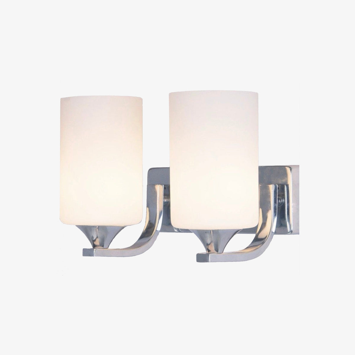 Two light chrome wall sconce with twin white glass cylinder shades