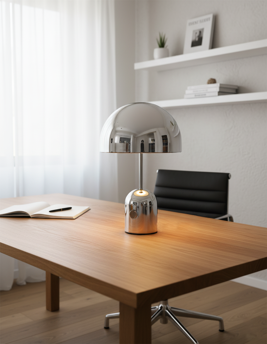 Chrome dome lamp lit on a wide timber desk in a bright home office