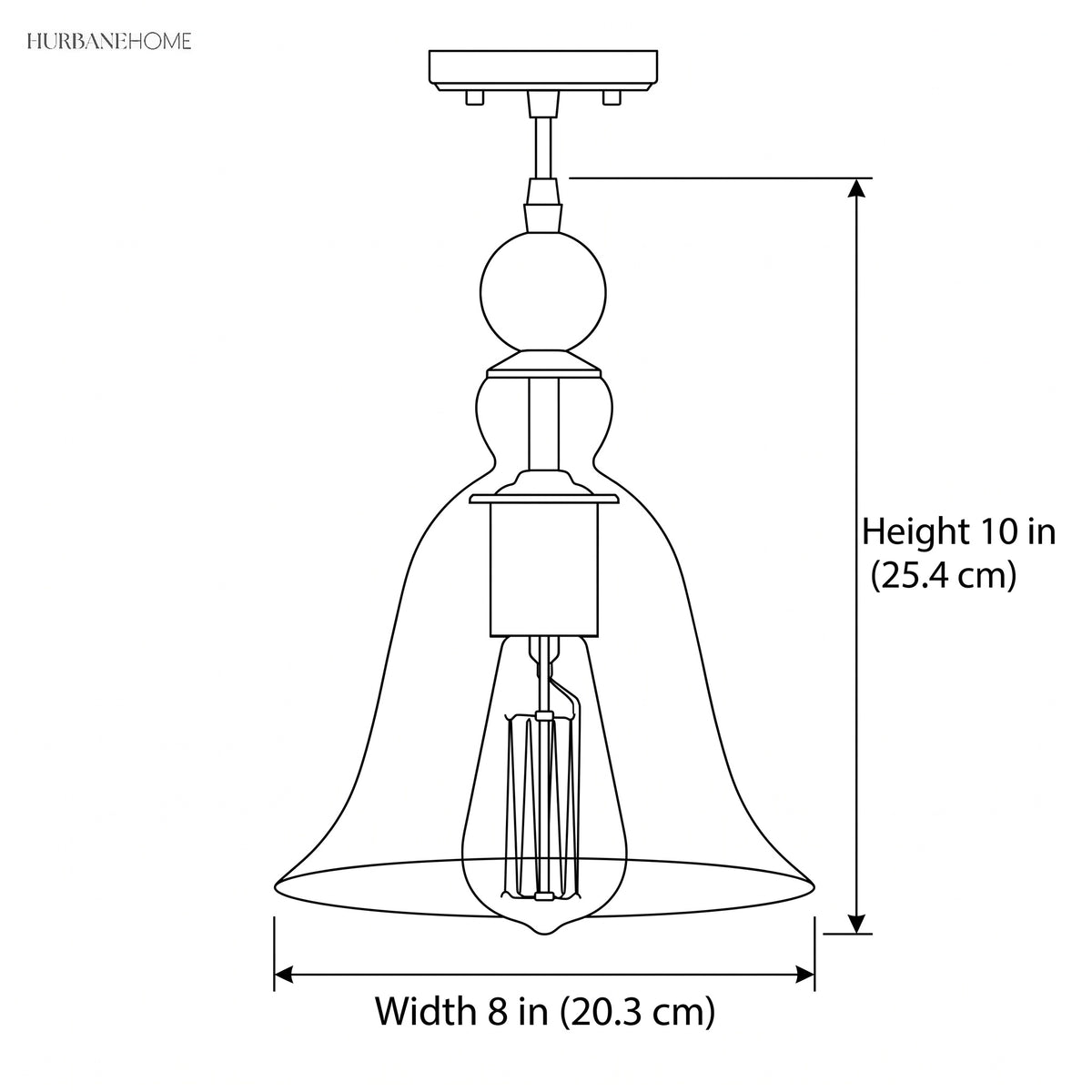 Line drawing of the pendant with height 10 in and width 8 in marked