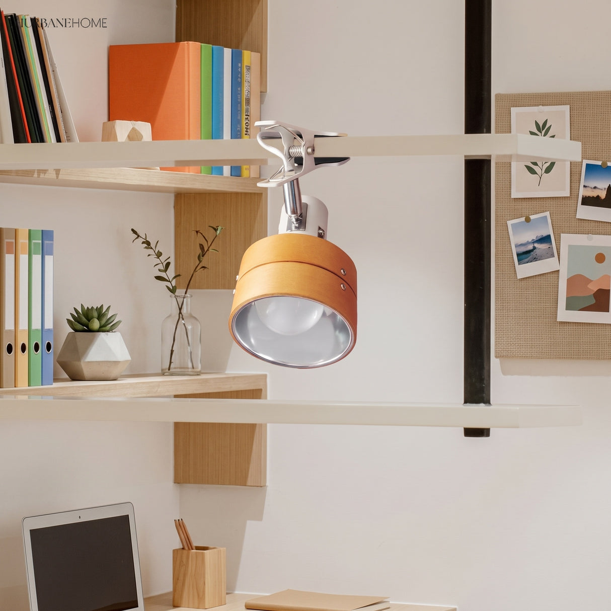 Clip-on spotlight reading lamp on a study shelf