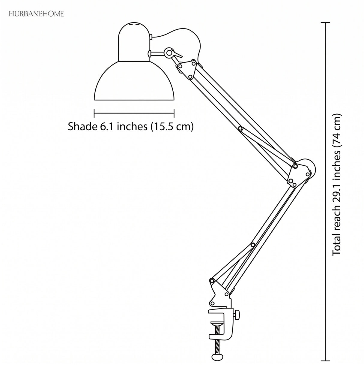 Dimension diagram of the clip-on swing arm desk lamp