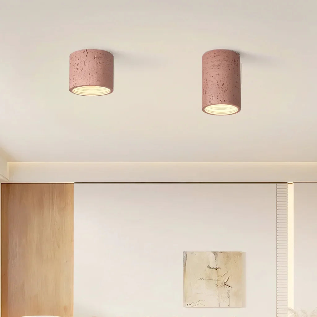 Compact cylindrical surface-mount ceiling light in a matte earthy finish