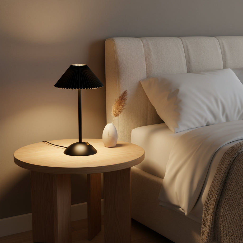 Hand holding the slim black cordless table lamp by its stem
