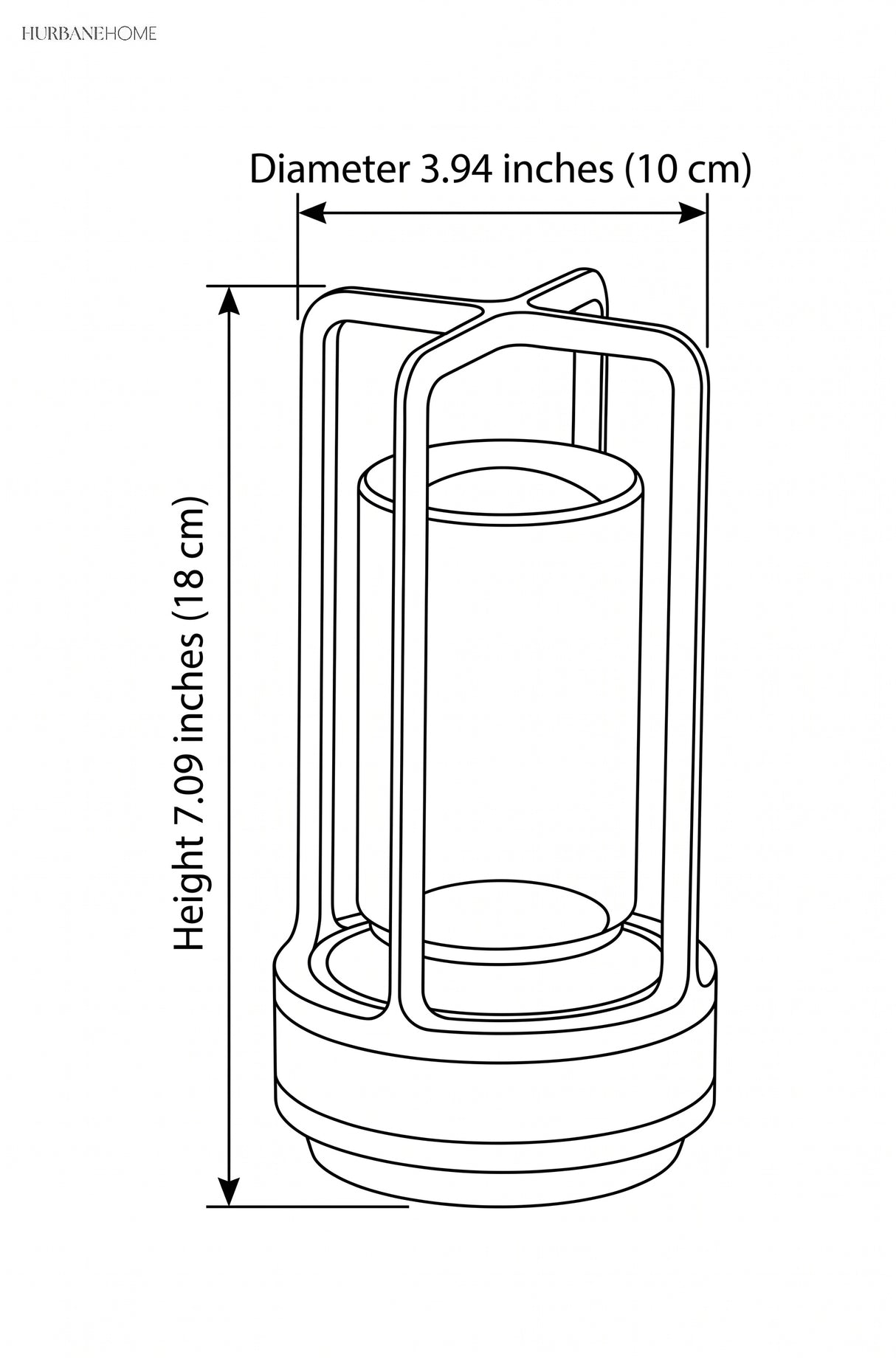 Line drawing of the lamp marked 3.94 inches in diameter and 7.09 inches high