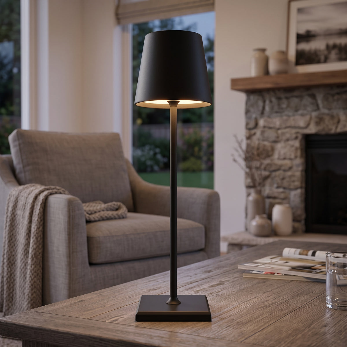 Black cordless table lamp on a wooden table in a living room