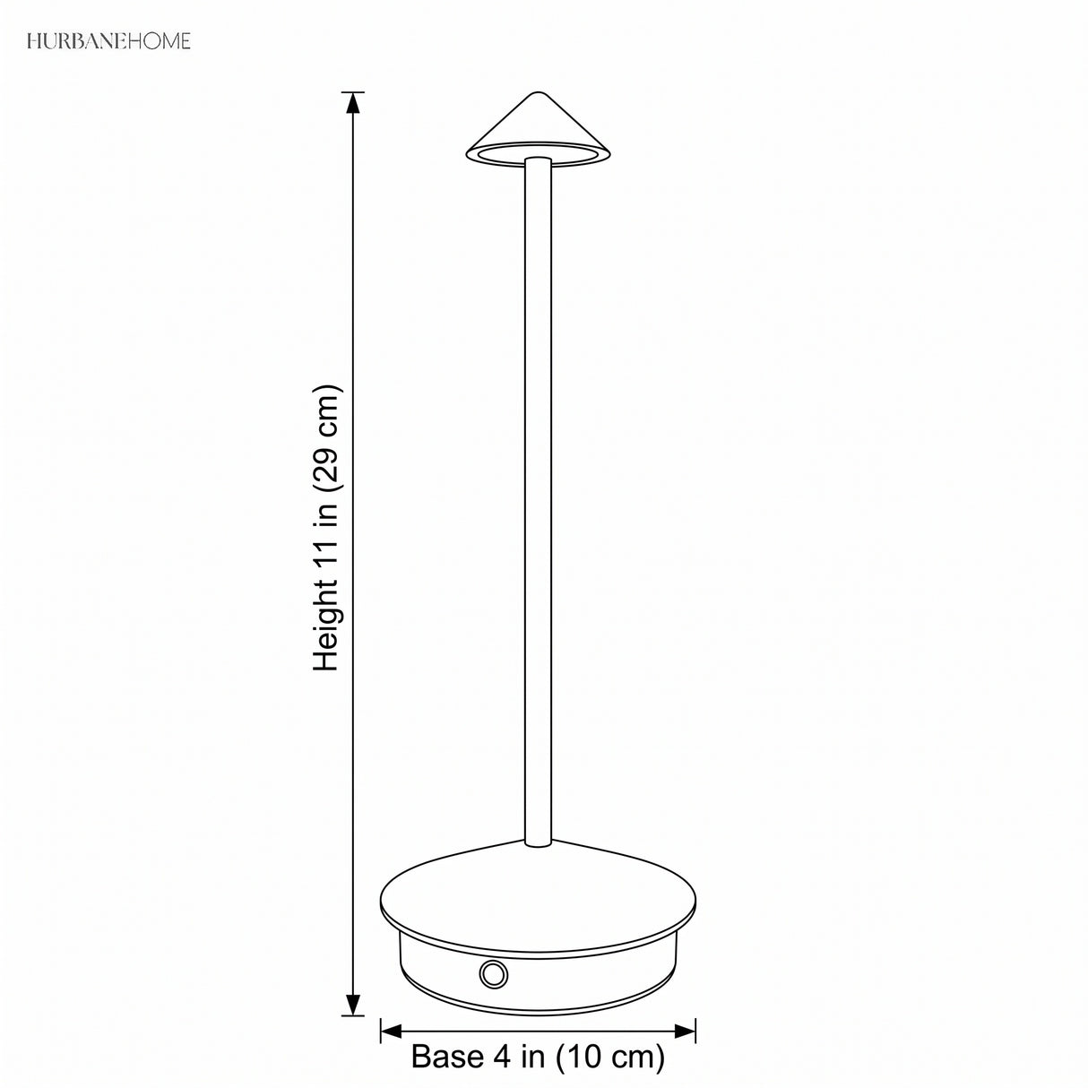 Line drawing showing table lamp height 11 inch and base 4 inch
