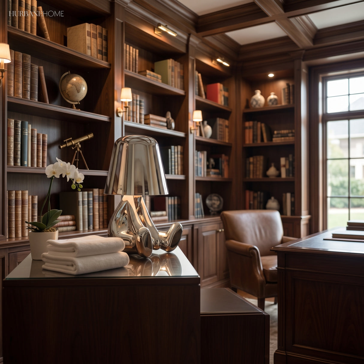Gold figurine lamp lit on a desk in a panelled library