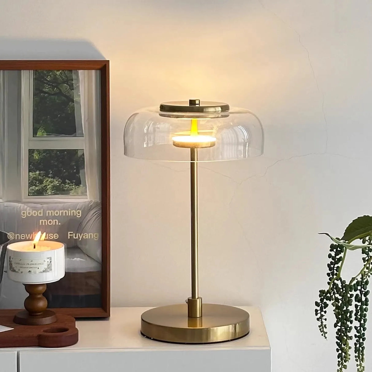 Close-up of corner lamp table glass shade
