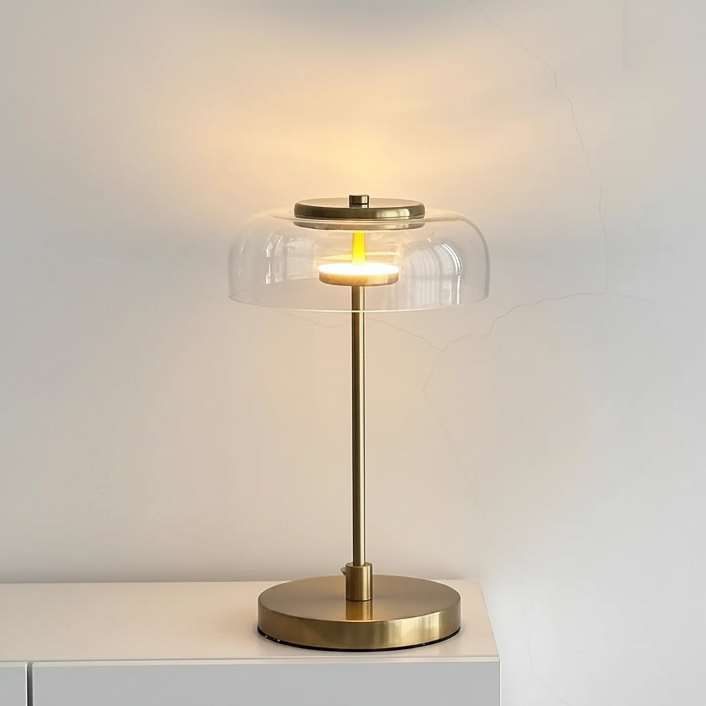 Close-up of corner lamp table glass shade