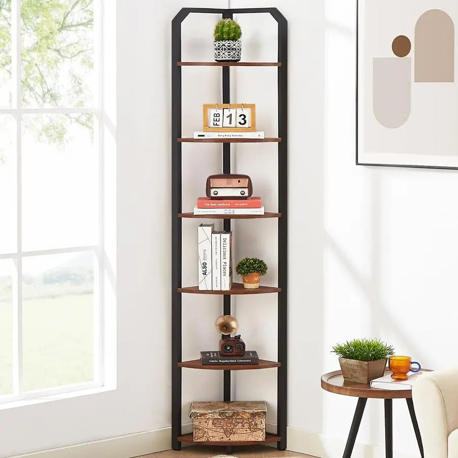 Corner standing shelf for living room with décor and plants