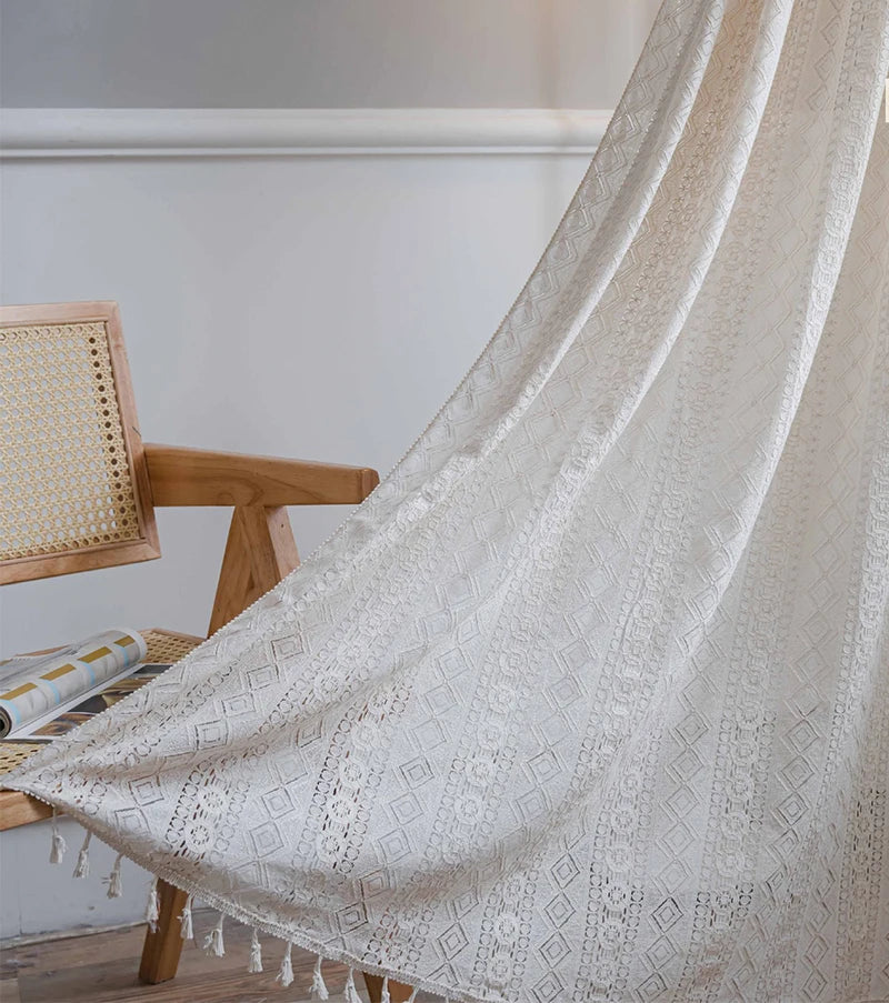 Cotton boho curtains framing French country style windows