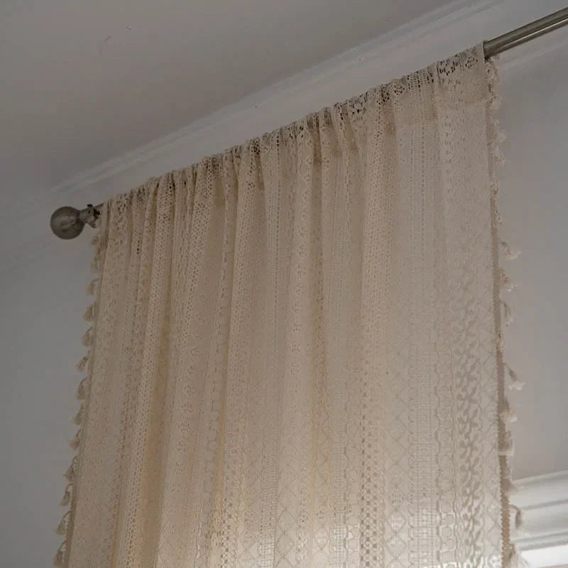 Boho cotton crochet curtain panel with tassel trim and airy lace design