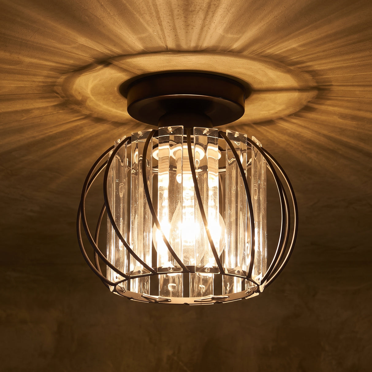 Black wire cage flush mount ceiling light holding vertical crystal glass bars