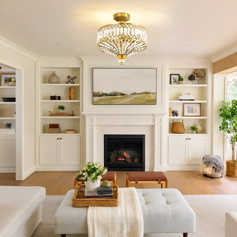 Crystal drum semi flush ceiling light lit view