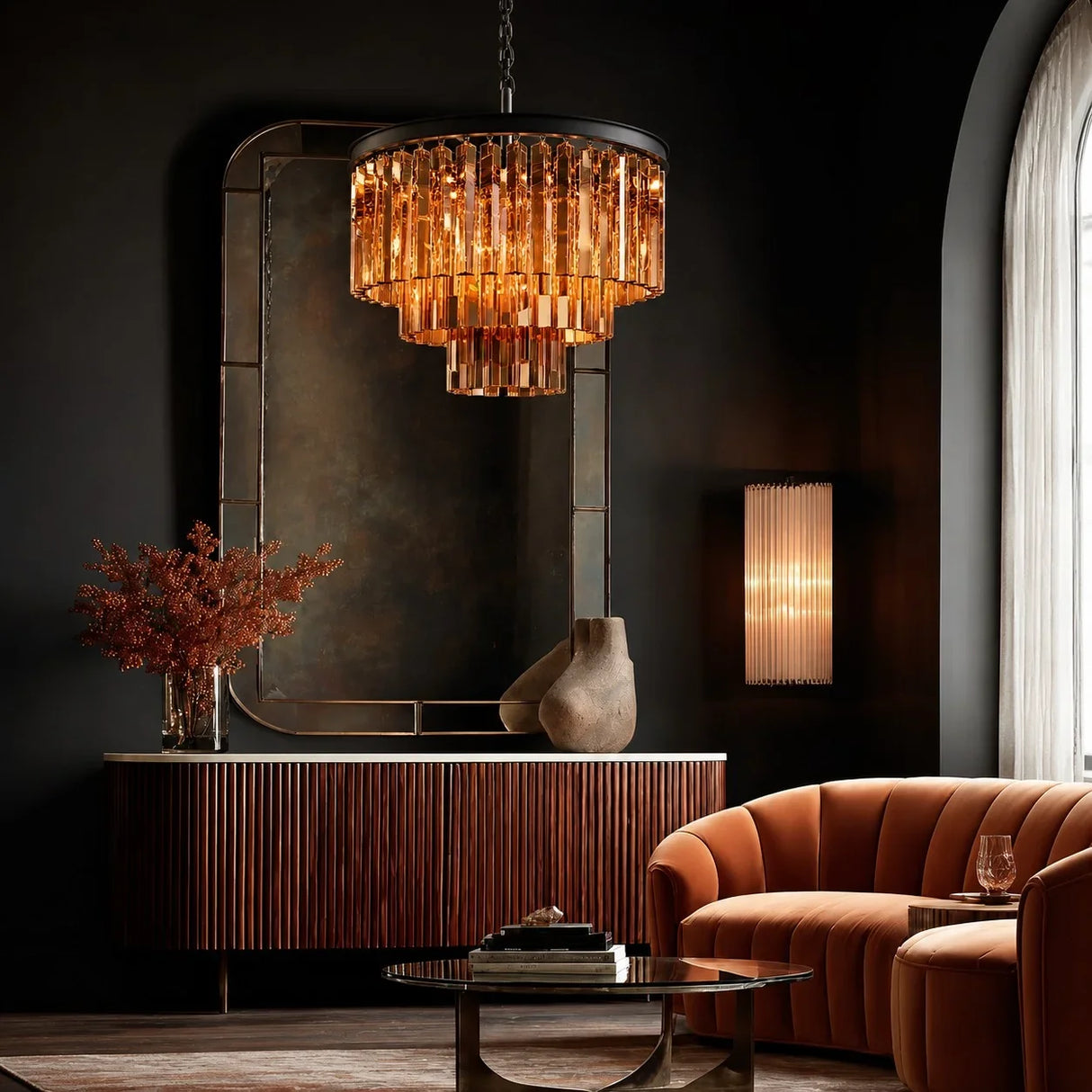 Angled view of the crystal pendant chandelier and its suspension chain