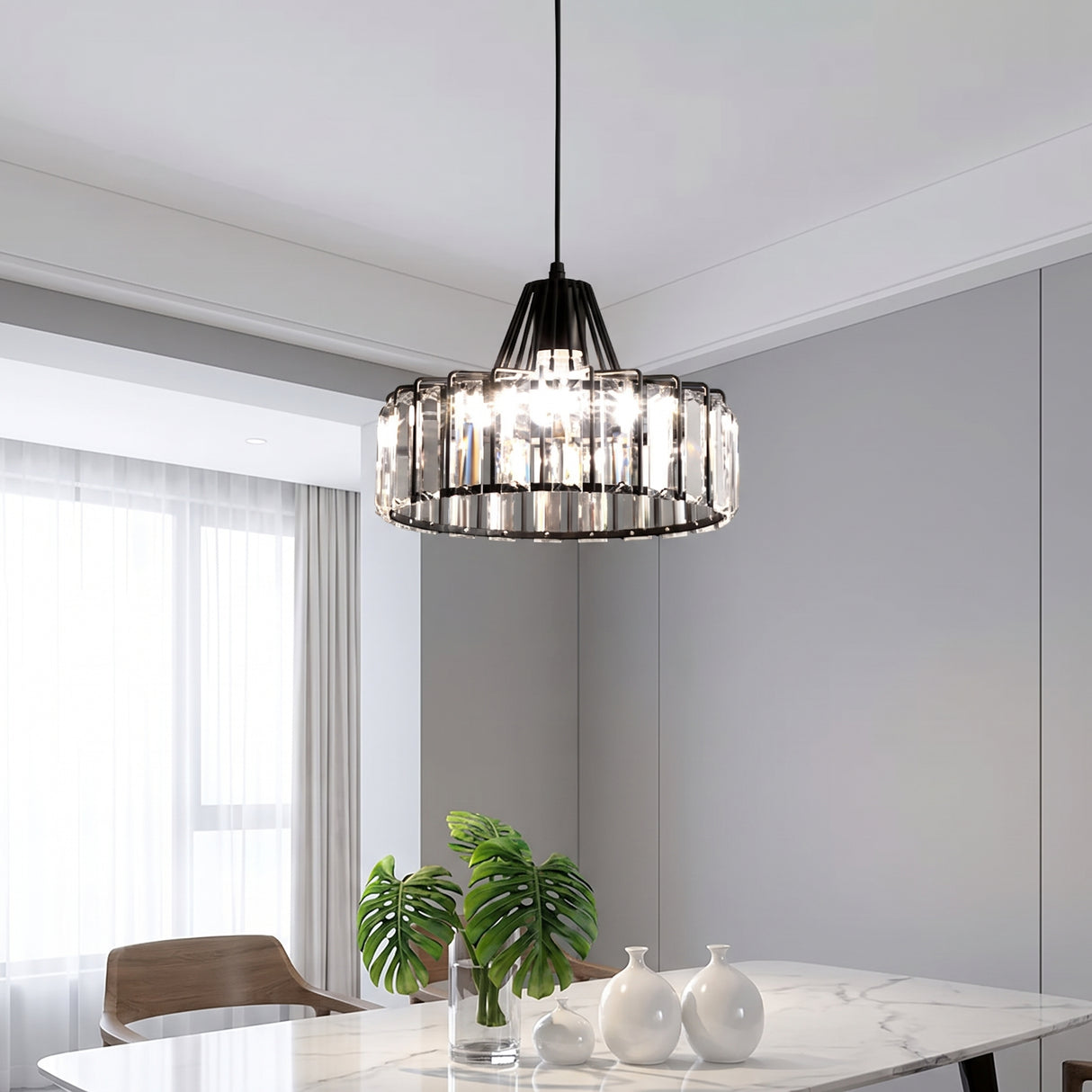 Black crystal pendant hanging over a white marble table near a bright window
