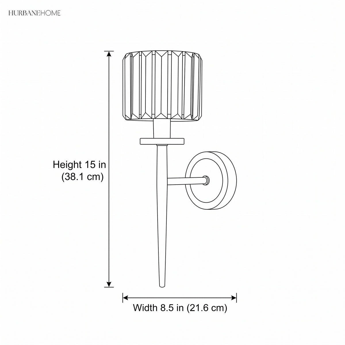 Line drawing of the sconce with height 15 in and width 8.5 in