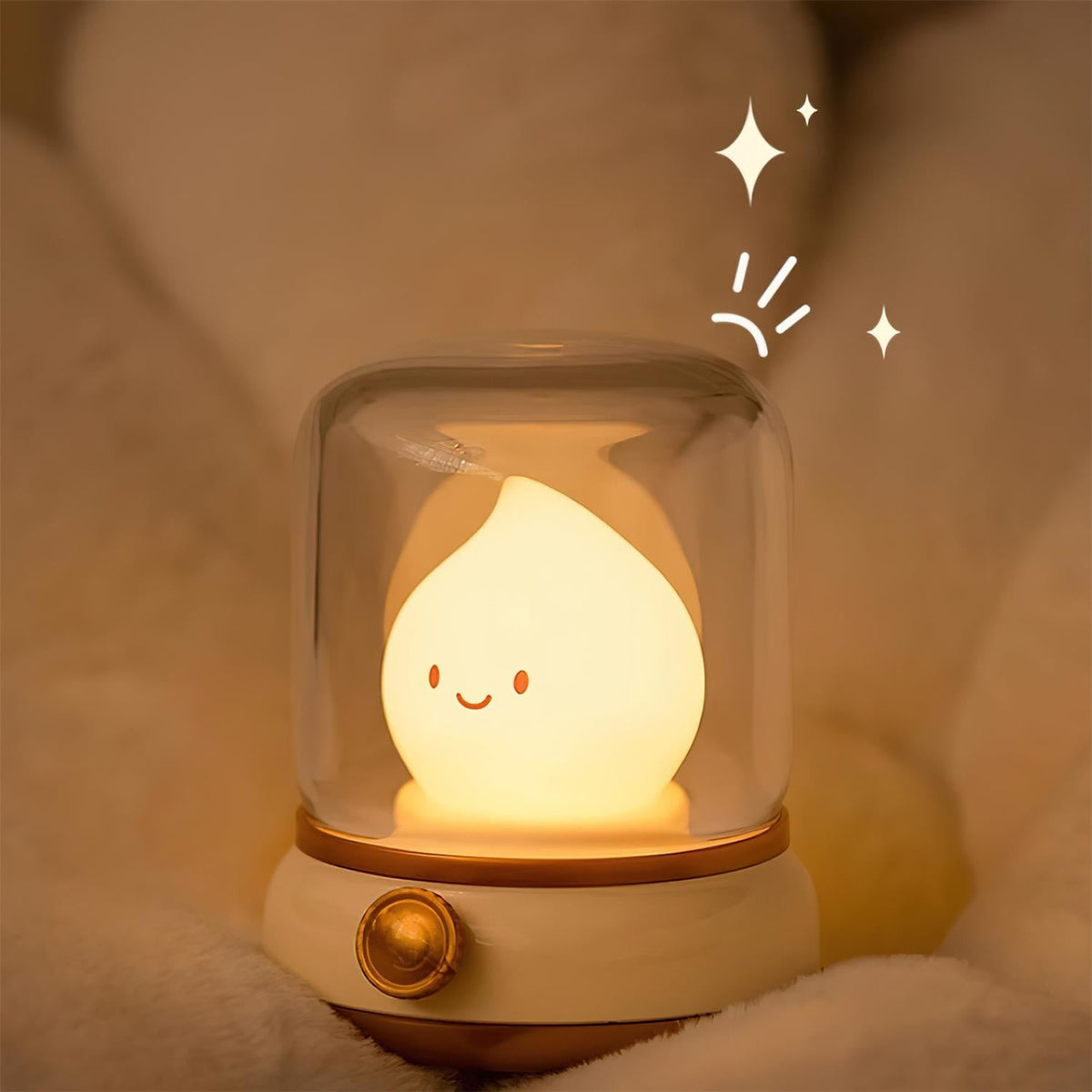 Flame night light glowing softly on rumpled white bedding at night
