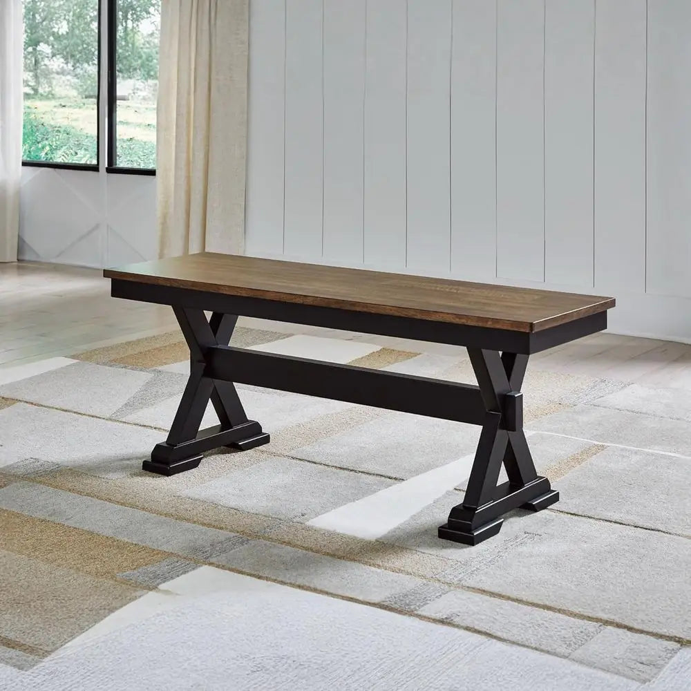 Farmhouse Dining Bench – Dark Brown Wood Seat With Black Frame.