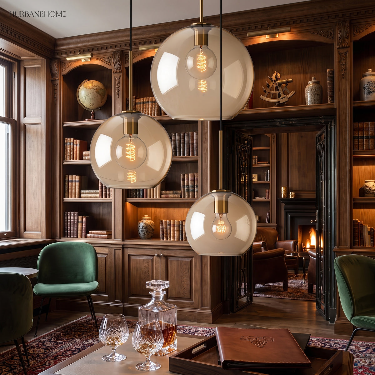 Amber glass pendants in a paneled lounge with green velvet chairs