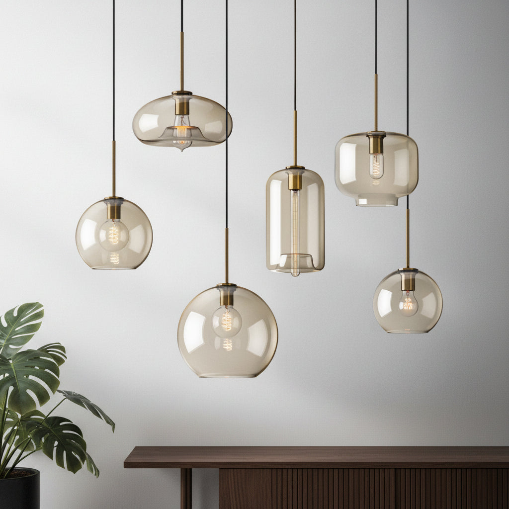 Six amber pendants in globe, urn and jar shapes hanging together