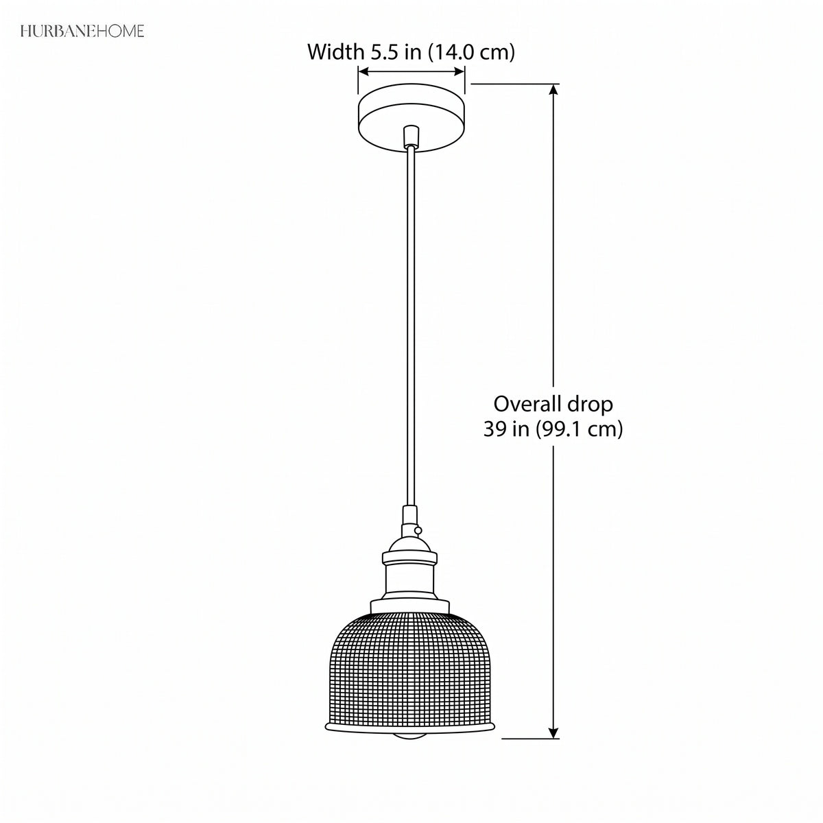 Line drawing of the pendant, 5.5 in wide with a 39 in overall drop