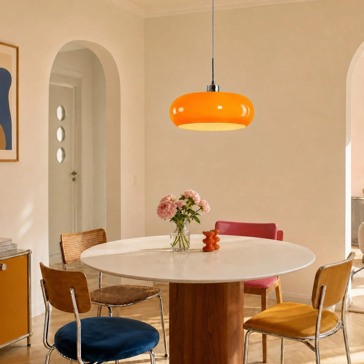 Orange glass pendant light over a round white dining table with roses