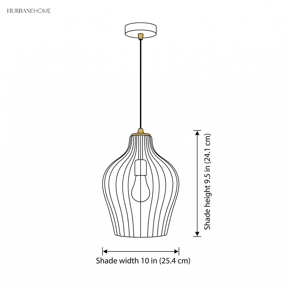 Line drawing of the pendant with shade height 9.5 in and width 10 in