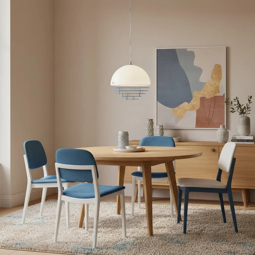 Warm ambient glow from the dome pendant spread across an interior