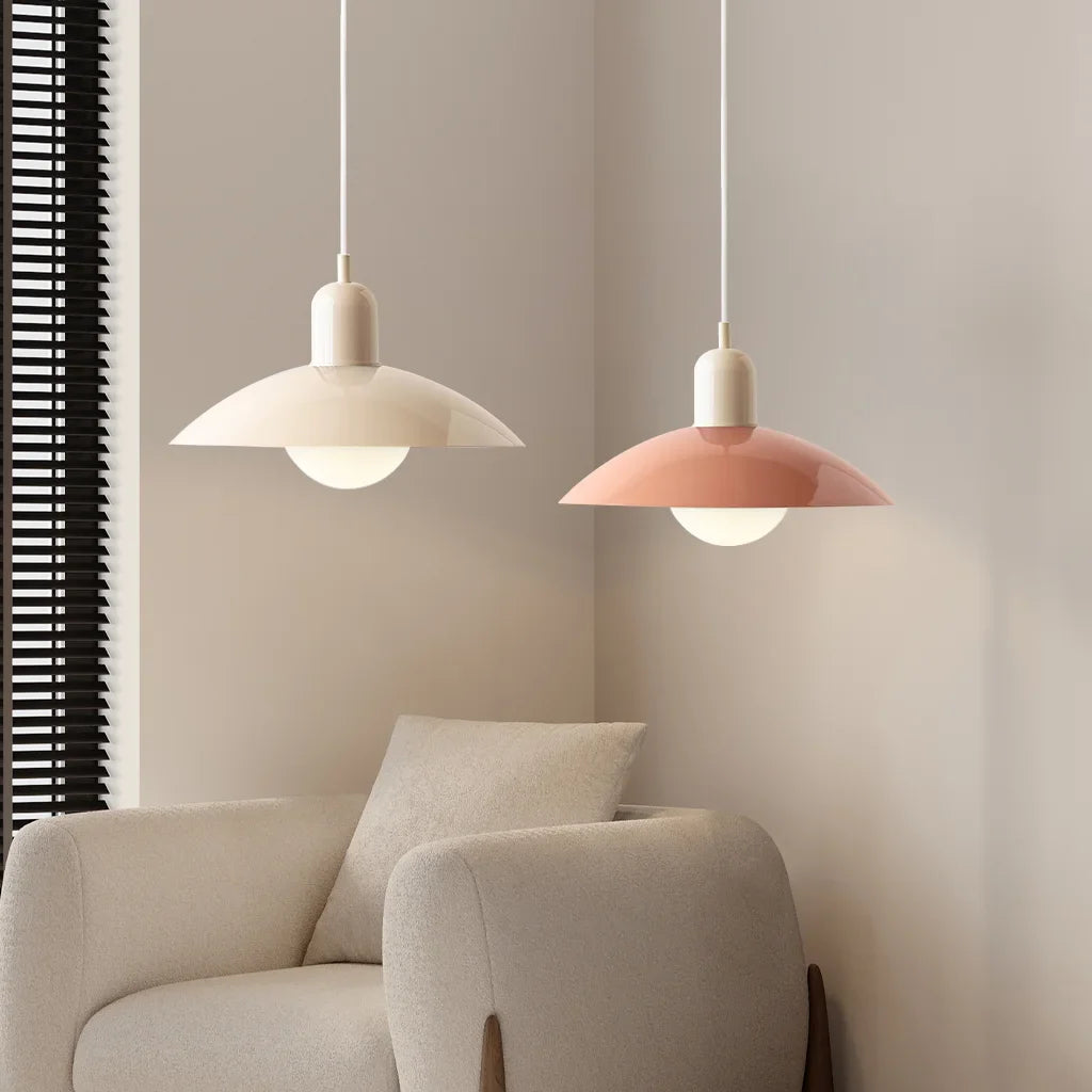 Underside view of dome pendant light showing central opal glass globe