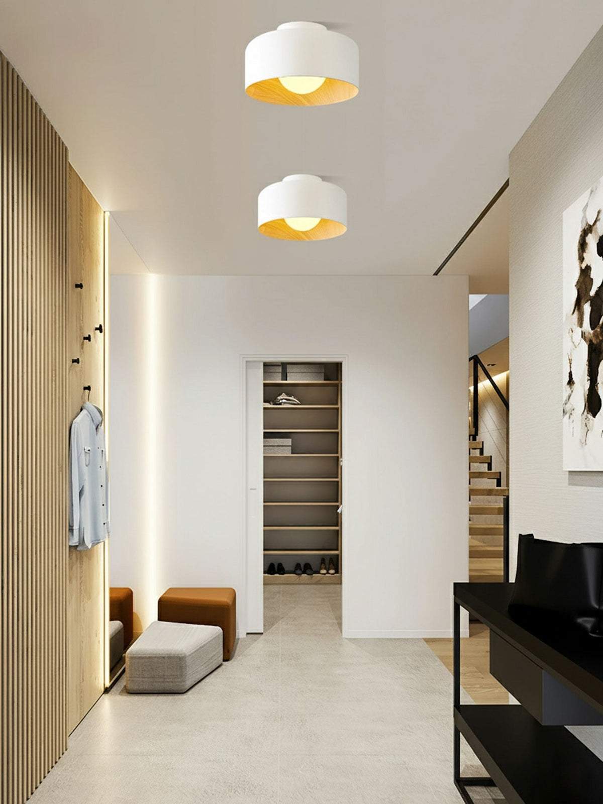 Drum flush mount ceiling light with wood grain interior alternative angle view 7