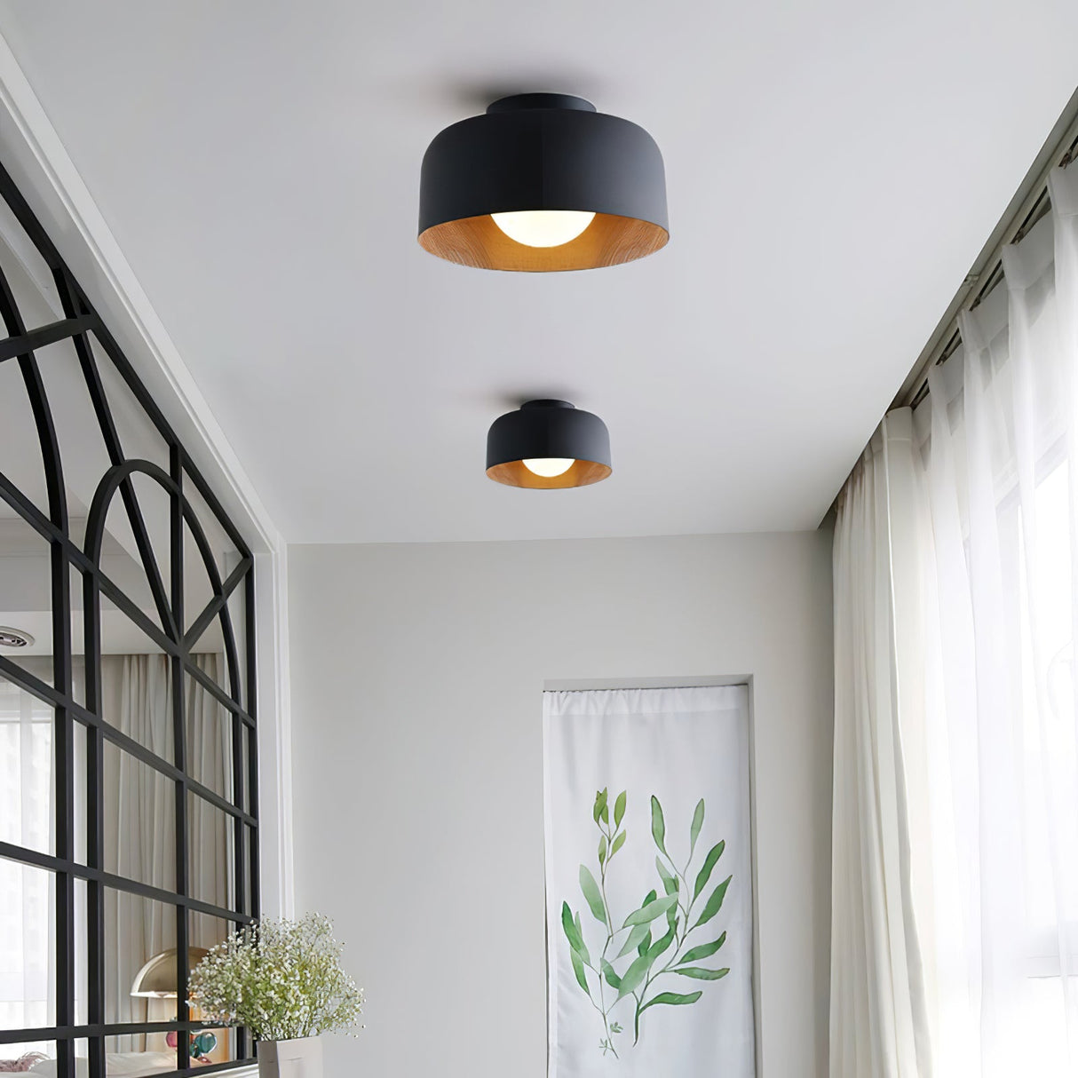 Drum flush mount ceiling light with wood grain interior close detail view 38