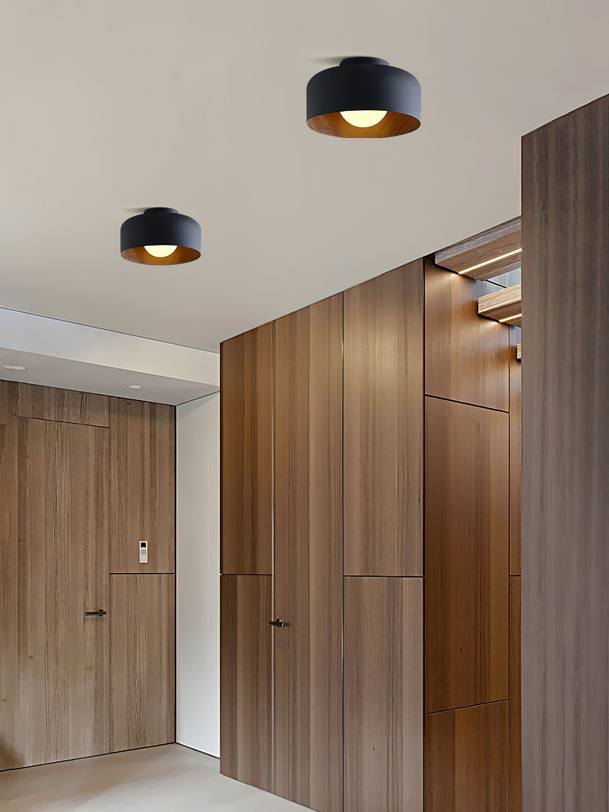 Drum flush mount ceiling light with wood grain interior further product image 46